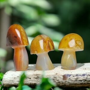Agate SET Of 3 Artisan Hand Carved Crystal Mushrooms UNIQUE
